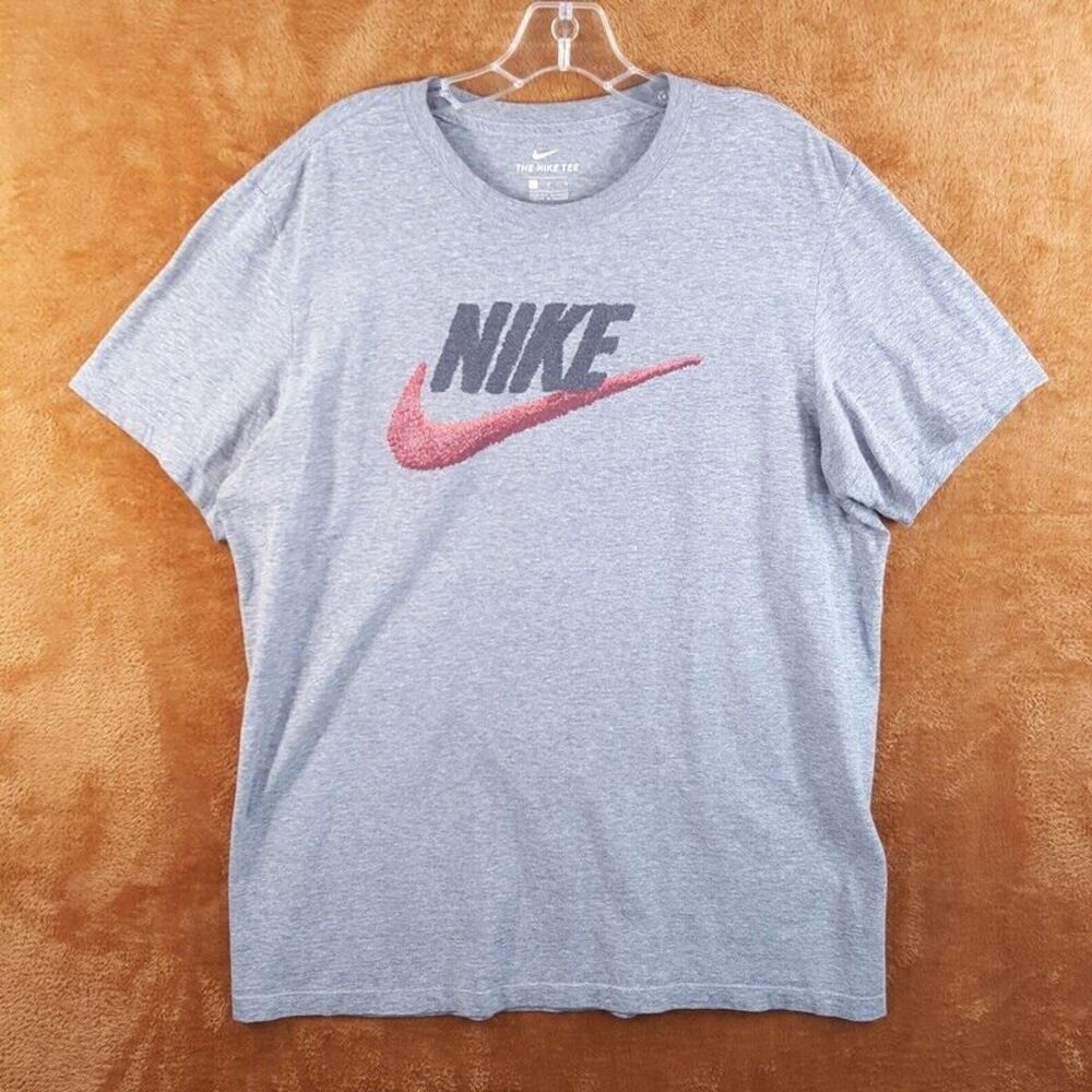 NIKE Mens Shirt Large Gray Pullover Crewneck Logo Red Swoosh Short Sleeve Casual